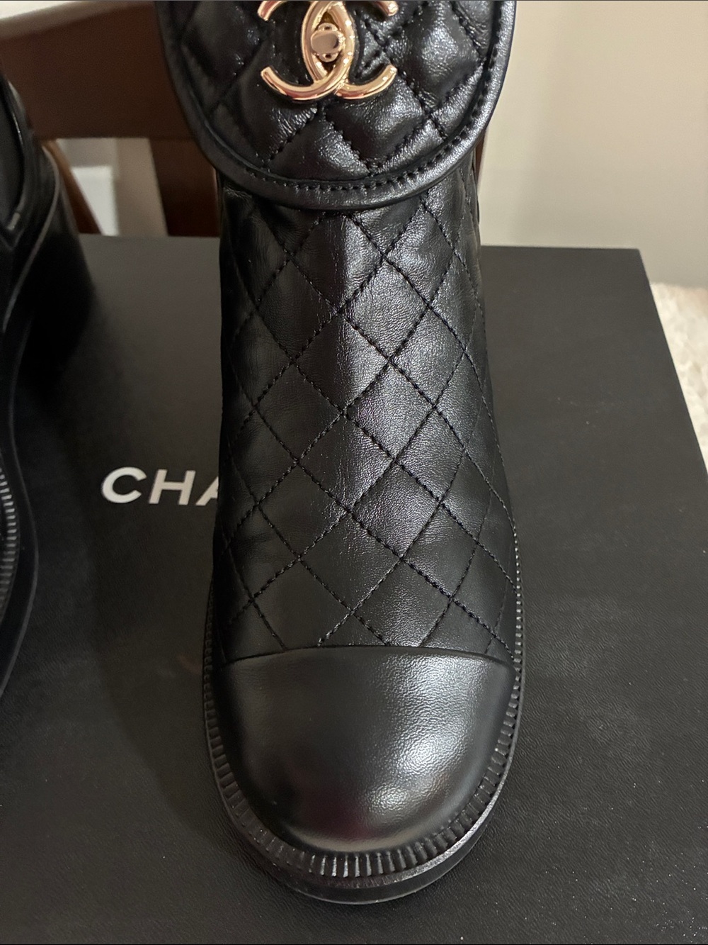 Authentic CHANEL Black Quilted Leather Ankle Boots with Gold CC Hardware - Picture 7 of 12